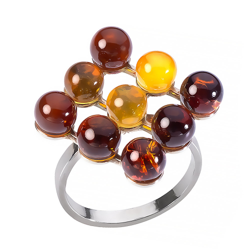 Кольцо серебряное с лимонным и коньячным янтарем "Медовые соты"