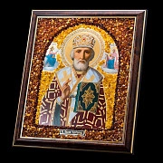 Икона с изображением Божественного лика Пресвятого Николая Чудотворца с янтарем