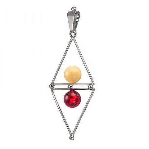 фото Двухцветная серебряная подвеска с натуральным балтийским янтарём "Геометрия" Amberprofi.ru