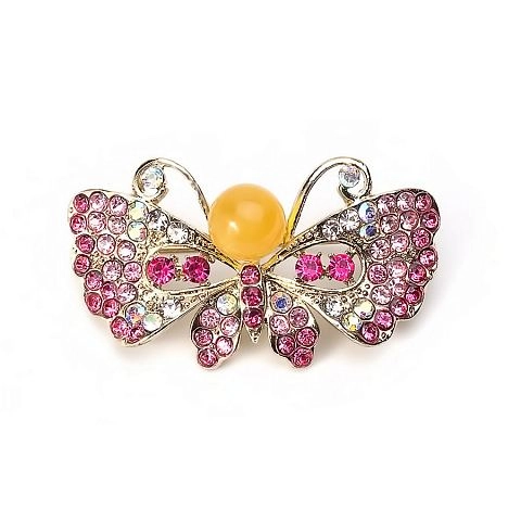 Эффектная золоченая брошь с яркими стразами и медовым янтарем "Бабочка"
