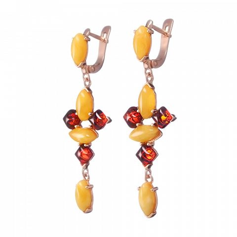 фото Серьги позолоченные с медовым и коньячным янтарем для девушки Amberprofi.ru