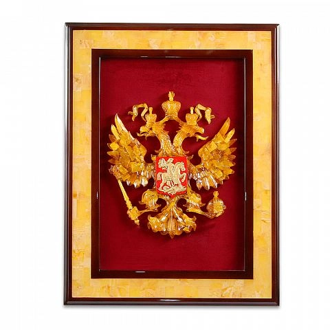 Панно с гербом РФ на красном бархате в рамке из янтарной мозаики